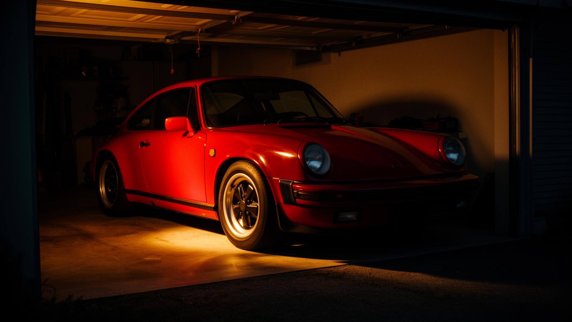 A Guards Red Porsche 911 in a private garage